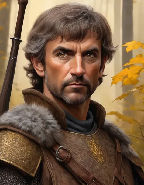 Fantasy, DnD, Male, brown short hair with grey streaks, golden brown eyes, 50 years old, Hunting clothing Middle Ages, Forest background, Portrait