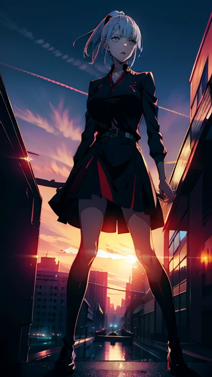 anime、High resolution、Best Quality、masterpiece、One Woman、Office Lady、Slender women、Purple Hair、ponytail、Beautiful Eyes、White short jacket、Short tight skirt、Dark red skirt、Black underwear、City、Skyscraper、At dusk、Backlight、The structure of the incitement、Ful...