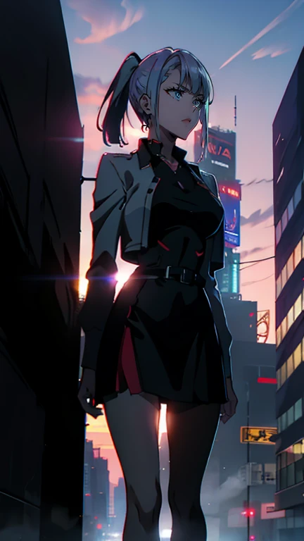 anime、High resolution、Best Quality、masterpiece、One Woman、Office Lady、Slender women、Purple Hair、ponytail、Beautiful Eyes、White short jacket、Short tight skirt、Dark red skirt、Black underwear、City、Skyscraper、At dusk、Backlight、The structure of the incitement、Ful...