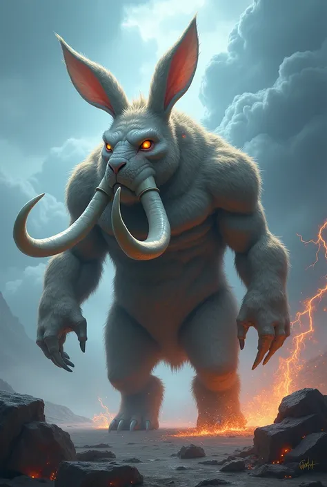 fusion of a mammoth and a rabbit in the same image forming a large strong animal with superpowers