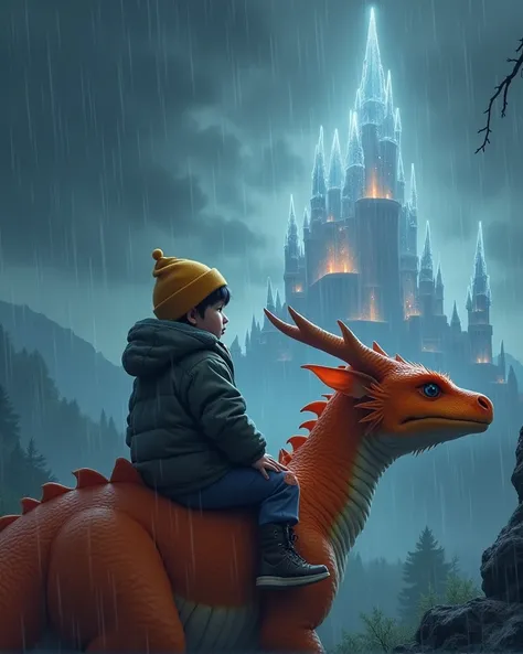 Rainy weather, a kid us looking at a castle 10 km from him, hes riding a orange dragon, lightning in sky, rhe scene is little dark, castle is made of white crystal clear material.