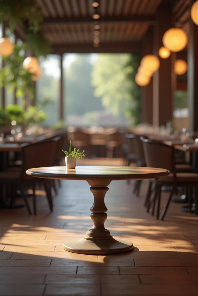 Image of a single table with a restaurant in the blurred background 
