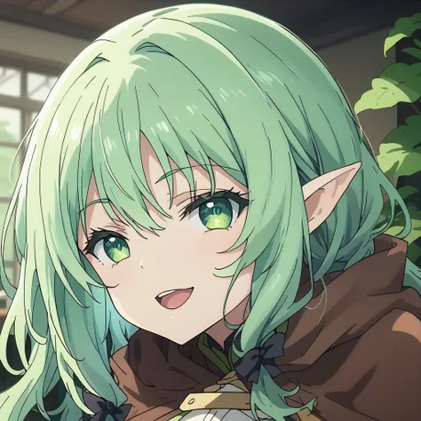 One person, high elf archer (goblin slayer!), goblin slayer!, elf, green hair, green eye, black ribbon, brown cloak, black gloves, smile、A masterpiece break in a fantastic forest、Beautiful attention to detail:1.2, Perfect lighting, (perfect hand, perfect a...