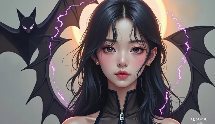 Korean white skin 1 girl wearing sleeveless black top standing looking at herself,a purplish aura surrounding her giving strength, a big purplish blackish bat hologram behind her appearing painting style