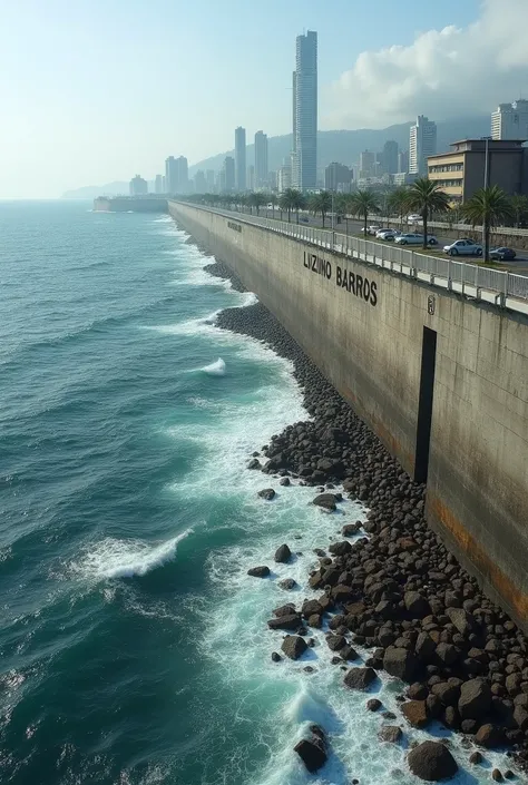 Make a wall with the name Luizinho Barros preventing sea water from passing into a city