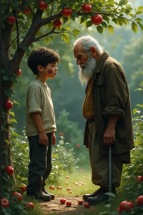 a  boy whose half face is scar  talking with the old man in the garden near apple tree where apples are fallen who is having one tin leg