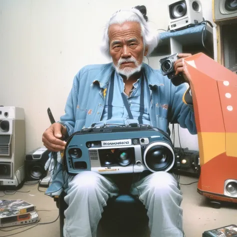 there is a man sitting on a chair holding a boombox, old damagaed polaroid photo, photo of a man, taken in the late 1980s, taken on 1970s kodak camera, old man, never before seen, many years gone, taken with polaroid kodak portra, omar shanti himalaya tibe...