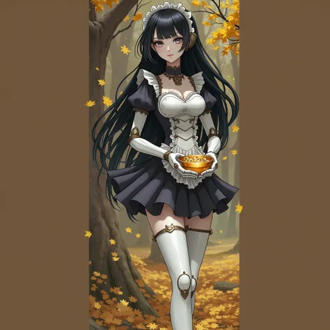 Robot girl, black hair, expressive eyes, her skin color is white as snow, she is dressed in a short transparent maid dress, a beautiful figure, her dress has a deep neckline, she holds a golden bowl with precious stones in her hand, in the background a rea...