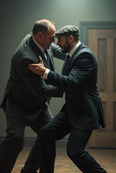 sharp image of two men in suits and ties, o homem gordo está  hitting a chair on the head of the other who is wearing a cap,