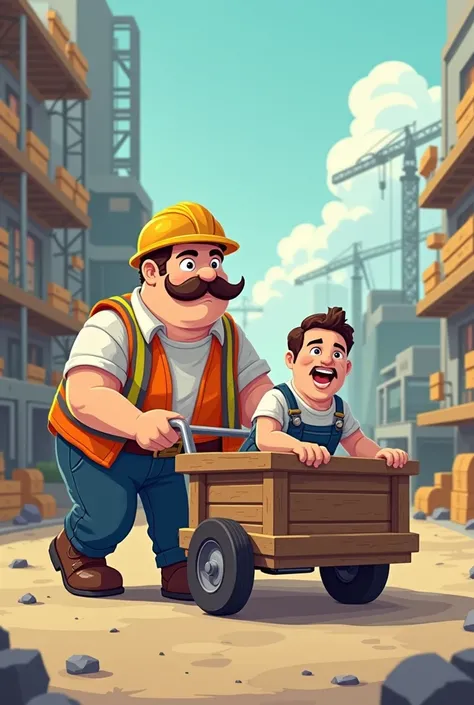 Short blond man with a mustache who is slightly overweight carrying a young adult man with brown hair in a construction trolley in a pixelated construction site setting 