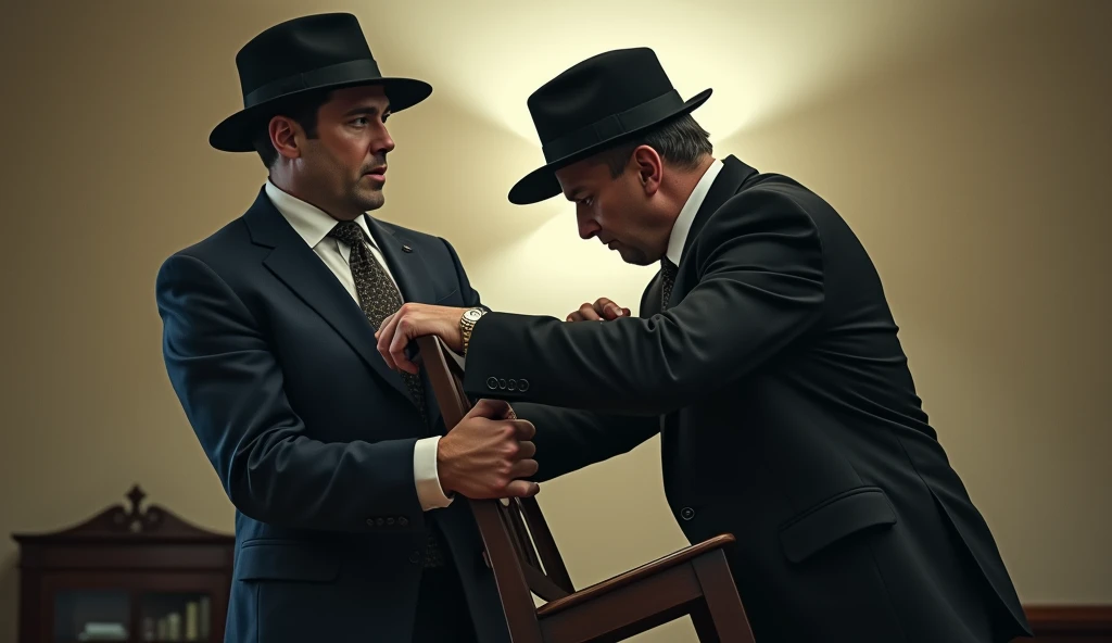 sharp image of two men in suits and ties, o homem gordo está  hitting a chair on the head of the other who is wearing a cap,