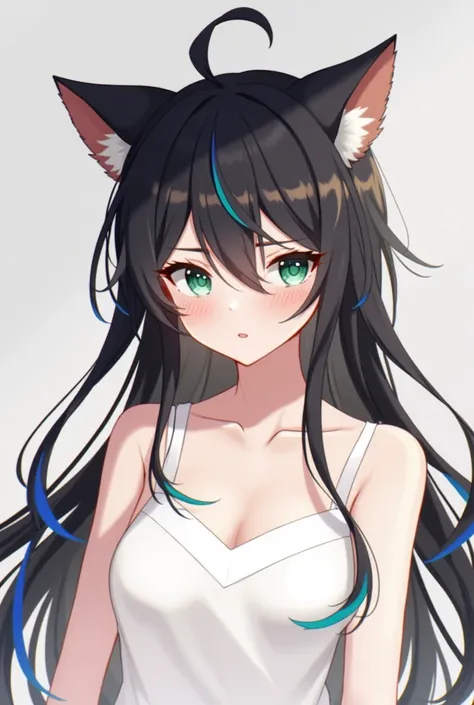 1girl, animal_ear_fluff, animal_ears, bangs, bare_shoulders, black_hair, blush, breasts, cat_ears, closed_mouth, eyebrows_visible_through_hair, green_eyes, grey_background, hair_between_eyes, karyl_(princess_connect!), long_hair, looking_at_viewer, medium_...