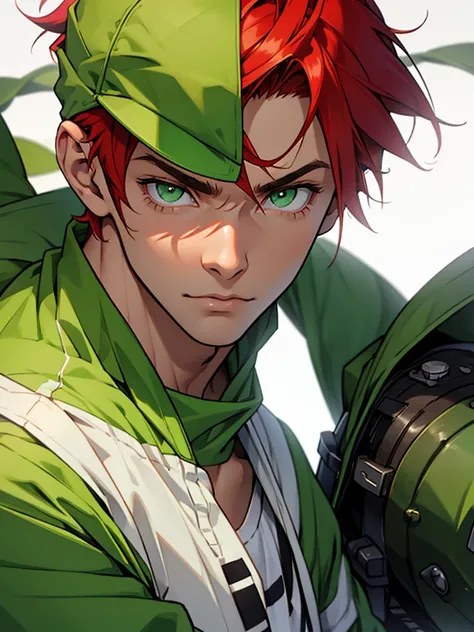 man, green eyes teenager, red hair,,cool green clothes