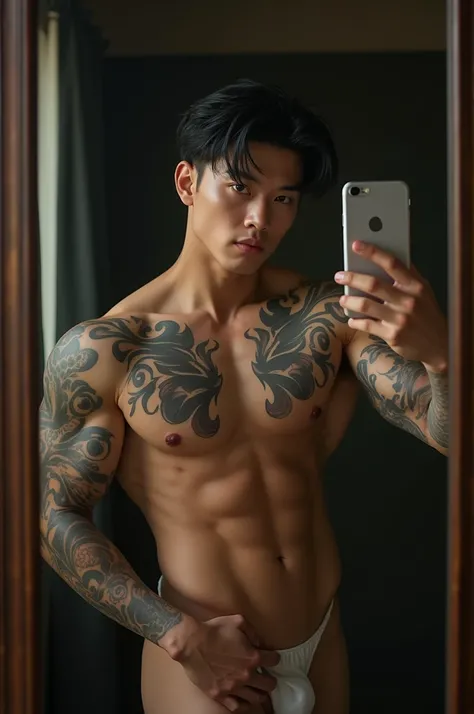 create the image of a 2 Korean man Dylan Wang black hair brown eye color blushed lips, muscular and tattooed body. He is standing in front of a mirror completely naked., taking a picture with a cell phone