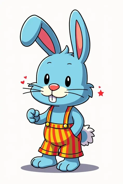 A cartoon of an anthropomorphic rabbit named fluffy, a blue rabbit wearing colorful pants with vertical stripes, colorful suspenders with vertical stripes, yellow buttons in the style of 80s animation, old animation with fine lines, lines almost like those...