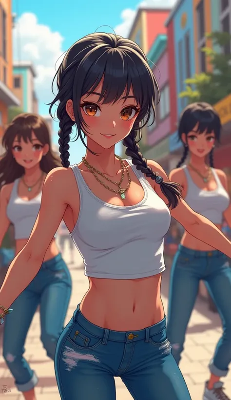 街のストリートでDancingヒップホップダンサー。Cute Girls。Braided hair。Big eyes。Long eyelashes。White tank top。Wearing denim pants。Dancing。Sweating。Glowing Skin。Large Breasts。anime。