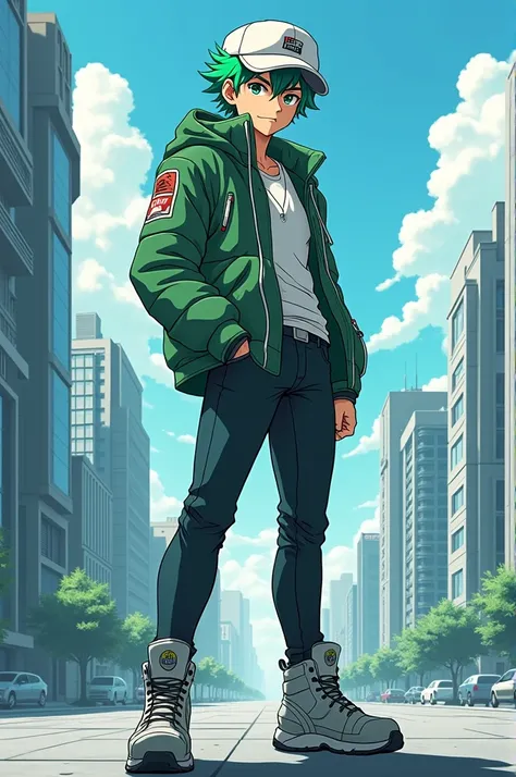 Create an anime character with green hair and a white hat, MASCULINE