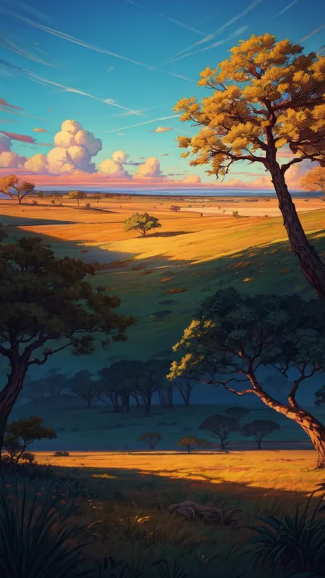 "A vast savanna with golden grass, a few baobab trees, and a deep blue sky. The wild, open landscape feels exotic and untamed."