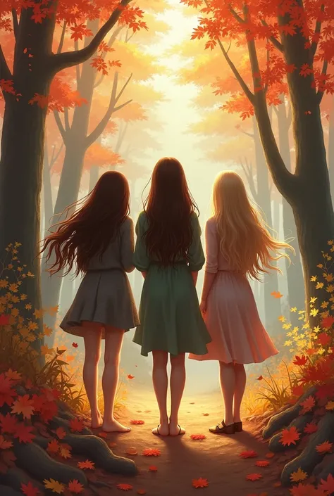 2brunettes 1blonde from behind in the autumn forest