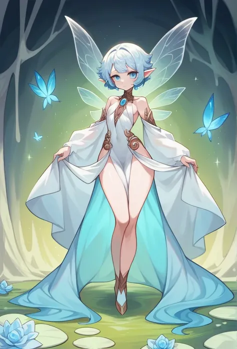 a fairy, with 8 5-meter crystalline wings on its back, sea blue eyes, third eye on his forehead with beautiful and bright galaxies on the third eye, light grayish skin, Floor-length, navy blue hair, a white mane full of hair, long and beautiful legs, small...