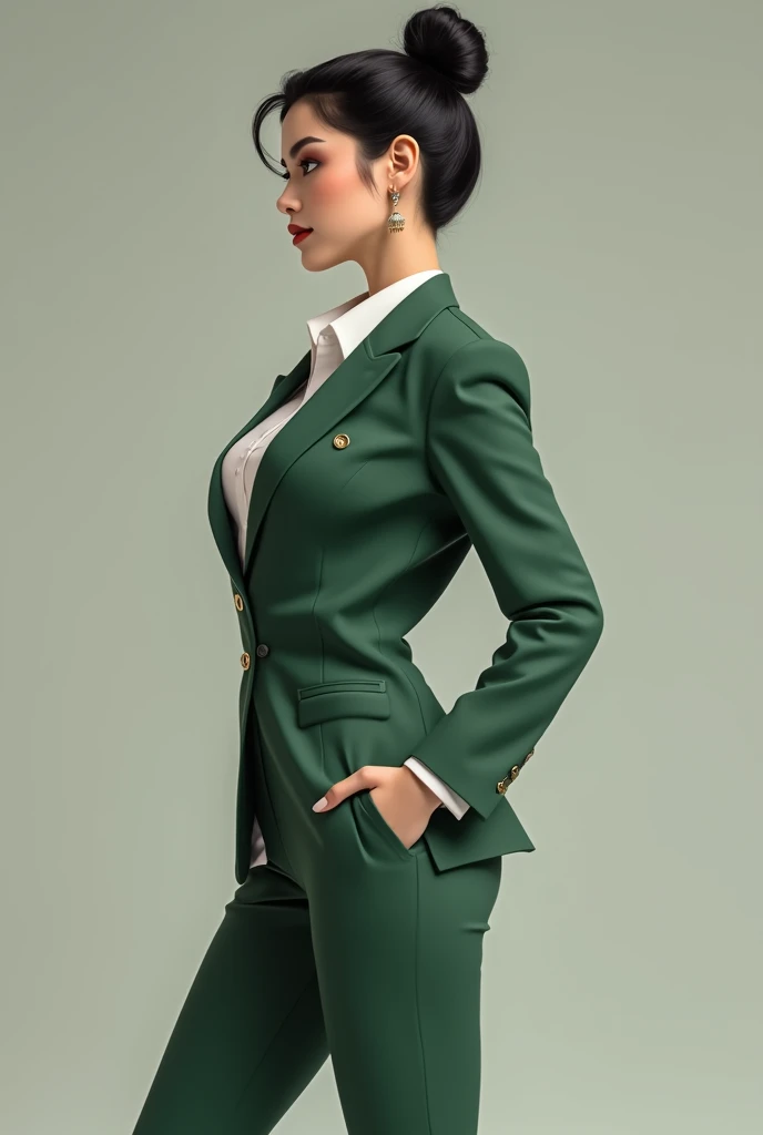 Girl in a green suit jacket, with a white blouse with her hair up and black. Heels and very little makeup, big breasts and slim
