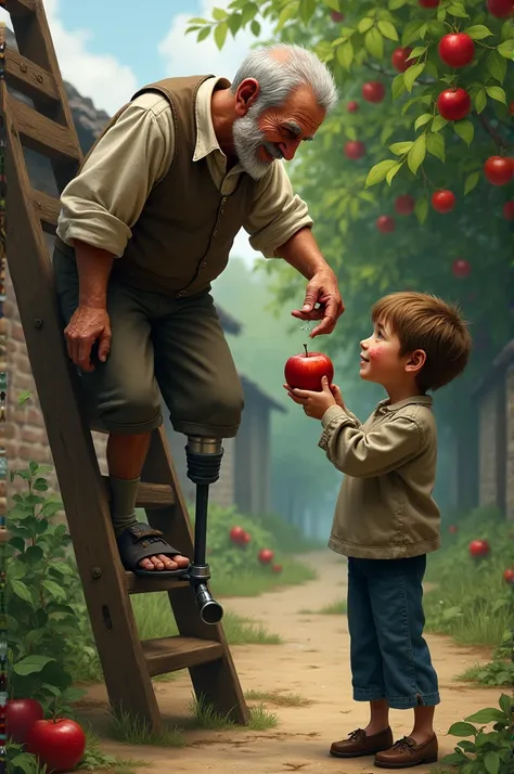 a old man with a tin leg who climb the ladder and break the apple in the 14 year boy who half face is scar who sees him