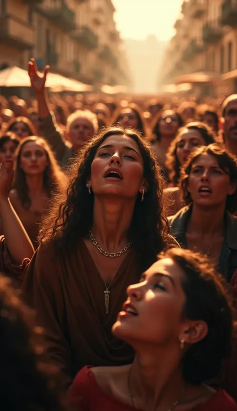 A scene resembling Pentecost, with a diverse crowd hearing a message in their own languages, their faces filled with amazement and spiritual awe. Ultra-realistic, dramatic lighting, high cultural diversity.