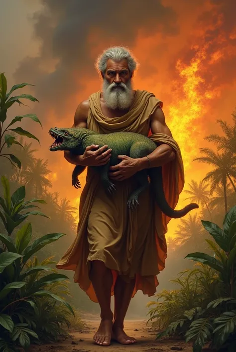 Aristotle carrying an animal from the Amazon and a burning forest behind him