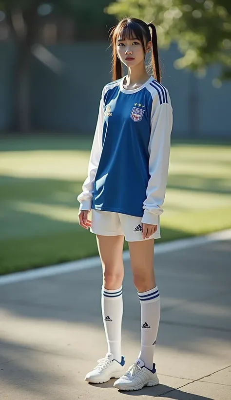 Adidas white soccer uniform、Slender、beautiful girl、Japanese、Idol、Twin tails、