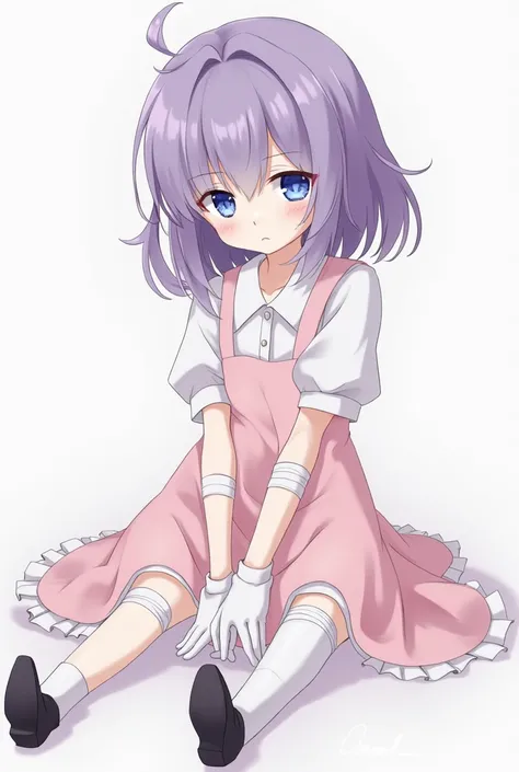 An anime style girl with blue eyes, pale skin, eyes with dark circles and a tender face, pastel pink dress with white, white gloves, bandages on his body, white medium stockings and black shoes purple hair