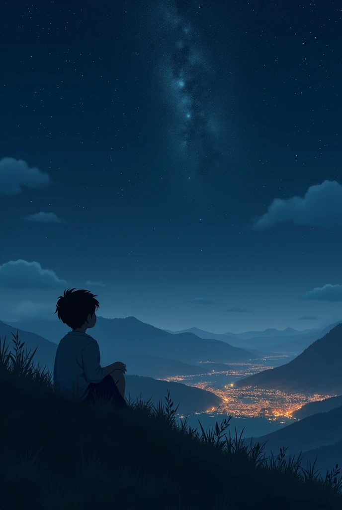 A child with his back turned, sitting on a hill overlooking a village at night, watching the bright and numerous stars in the sky 