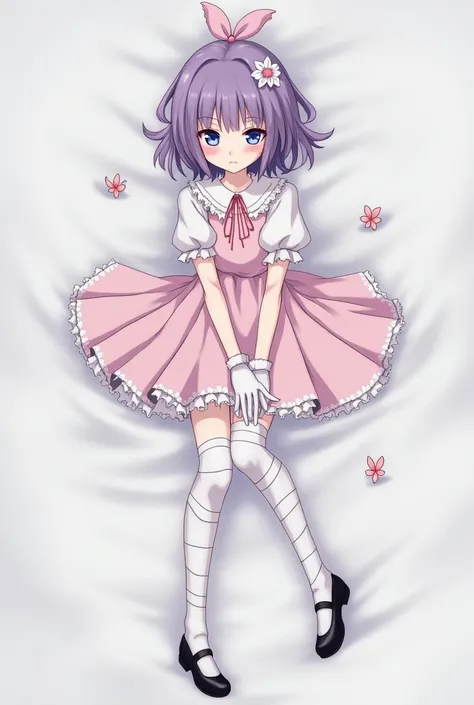 An anime style girl with blue eyes, pale skin, eyes with dark circles and a tender face, pastel pink dress with white, white gloves, bandages on his body, white medium stockings and black shoes purple hair