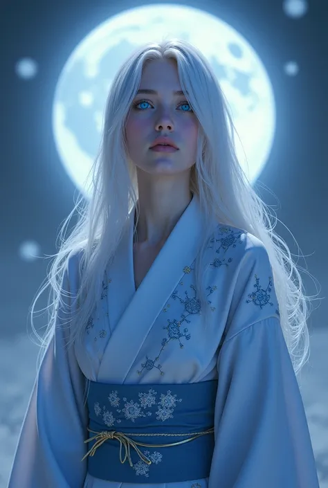 Yuna has long silver hair and blue eyes that seem to glow in the moonlight.. She wears a modern kimono with constellation patterns., reflecting his heavenly power.