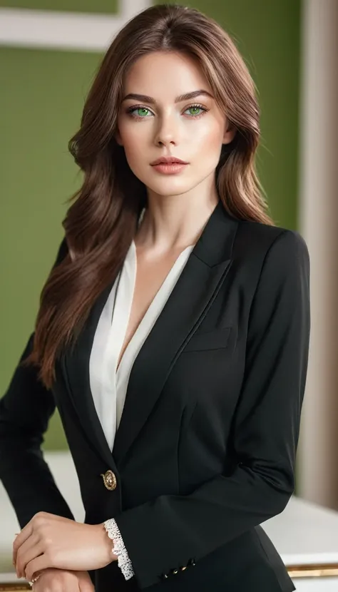 Create a young woman with white skin, brown hair, light green eyes, model body, wearing an elegant black business outfit with white details, she is in a warm room, standing in a confident position, realistic image with natural daylight that highlights her ...