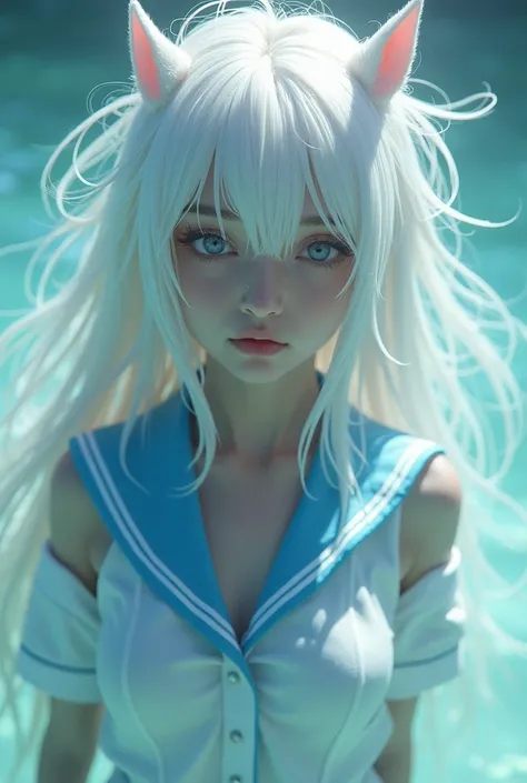 (transparent:1.3),white seraph vestido de marinero, White theme,school uniform, Sailor suit, looking at the viewer,  craziness, Messy long hair, beautiful detailed eyes,hair shines,dramatic angle,Blue sailor collar, perky breasts,light smile,Partially subm...