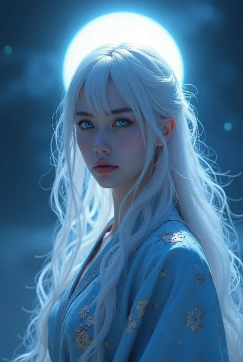 Yuna has long silver hair and blue eyes that seem to glow in the moonlight.. She wears a modern kimono with constellation patterns., reflecting his heavenly power.