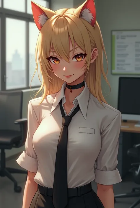 nsfw, masterpiece, (Best Quality:1.2), (Sharp focus:1.2),, 1 girl, Slim girl,, (blonde|Light_Yellow Hair), cat ears detailed face, young|Cute Face, , Wicked Smile,, Natural Breasts, Thin arms,, White collared shirt and black tie, Black choker,, In a modern...