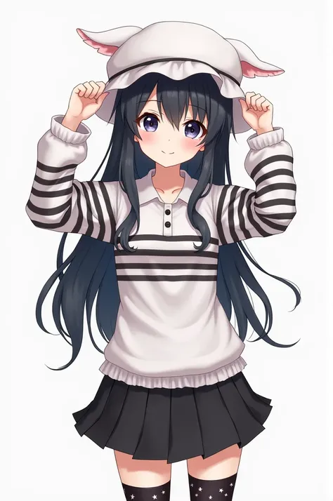 A black haired anime girl with bangs and big eyes wearing a white hat with ears down, a white and black horizontal striped sleeve blouse, a short black skirt and long black socks with stars