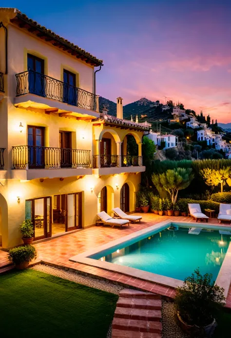 RAW photos,spanish style villa exterior view evening time ,beautiful landscape, 8k uhd, dslr, soft lighting, high quality, film grain, Fujifilm XT3