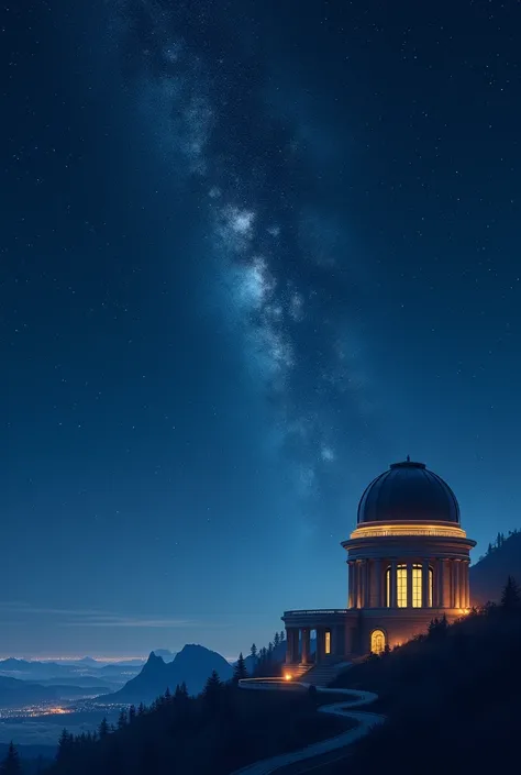 An observatory facing a sky full of stars (some fading)