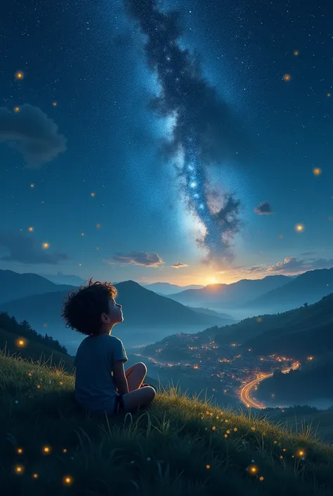 Child sitting on the hill with a view of the village outdoors at night and watching the bright stars forming the milky way in the sky 