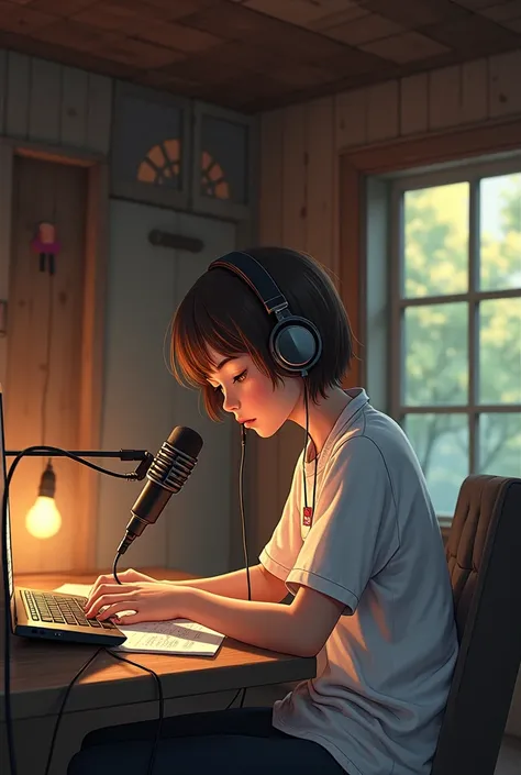 work of art, best quality, ultra-detailed, illustration,, playground cabin, Alone, microphone, headphones, realistic, brown hair, shirt, CAI, white shirt, behind, microphone, microphone stand,  