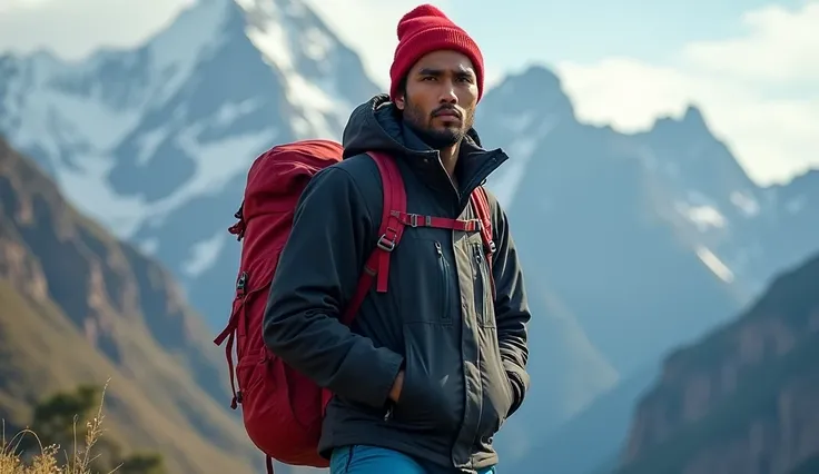 "A handsome Indonesian man named Yudis with straight hair, wearing a red beanie, a plain black winter jacket, blue hiking pants, and carrying a large red hiking backpack. He stands outdoors with a rugged mountain in the background, the natural light emphas...