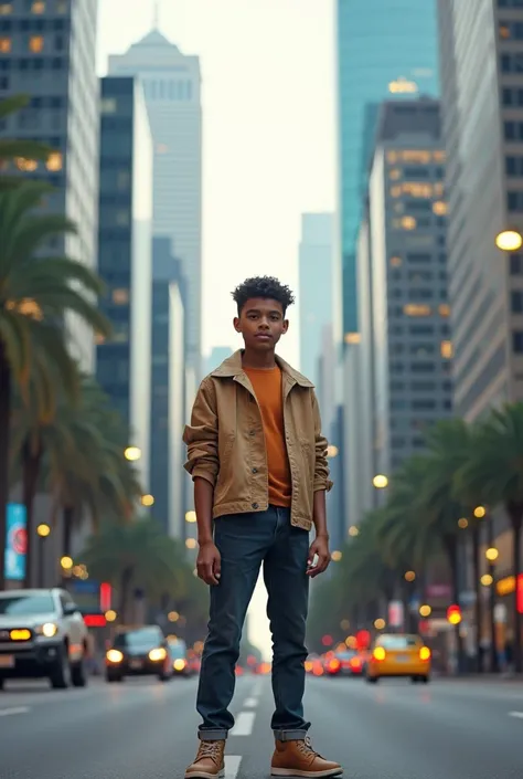 Modern boy photo,modern clothes, in a big city with lots of buildings like Avenida Paulista,pose modern,brown skin color and normal body, neither too thin nor fat,Alone, high resolution, Action painting, Anatomically correct, best quality, Necessary.