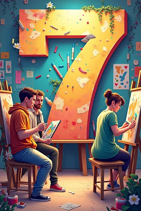 Make a graphics design of 7th anniversary of an art club with colours and art supplies 