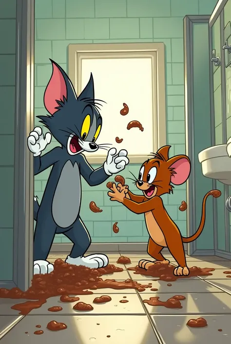 tom and Jerry are both in the school bathroom throwing poop having a poop fight