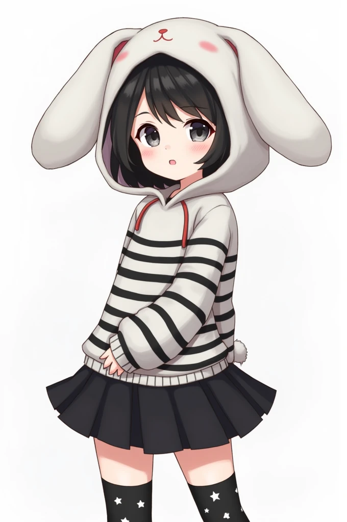 A black haired anime girl with bangs and big eyes wearing a white bunny hat with her ears down, a long-sleeved blouse with black and white horizontal stripes, a short black skirt and long black socks with stars
