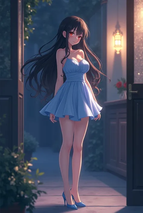 Anime girl, with big breasts, Long black hair. With a light blue evening dress ,  short dress with heels, standing