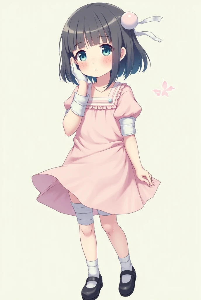 An anime manga style girl with blue eyes, pale skin, eyes with dark circles and a tender face, pastel pink dress with white, white gloves, bandages on his body, white medium stockings and black shoes purple hair