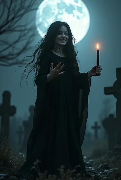 Visualize a child with long, black hair, macabre smile, wrapped in a dark cloak, in the middle of a cemetery. A lua brilha intensamente, casting dramatic shadows. She holds a black candle, whose flame dances with the wind. in the neck, a pentagram shines s...